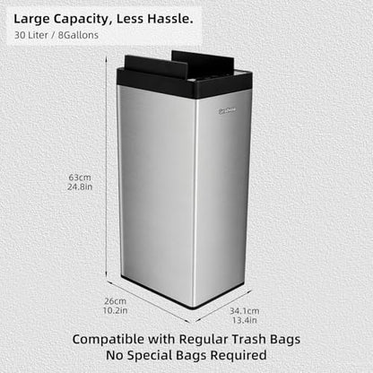 Kitchen Trash Can with Air-Press Bag Expander – 8 Gallon Smart Matte Stainless Steel Bin with Motion Sensor Butterfly Lid for Home, Living Room, Bedroom, RV - size: 8 Gallon-M