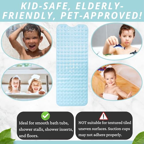 ENKOSI Non-Slip Bath & Shower Mat 40x16 Extra Long, Suction & Drain Holes | Light Blue color; Durable PVC; 40x16 in, Light Blue - color: Light Blue