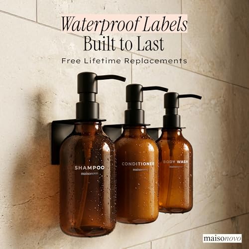 Shampoo and Conditioner Dispenser Wall Mounted Set of 3 Amber Black - No Drill Shower Soap Dispenser for Bathroom Refillable - Spa Hotel Style Accessories by MaisoNovo | No Drill Wall Mount - Shower Soap Dispenser · Holds Body Wash or Hand Soap · Wall Soa