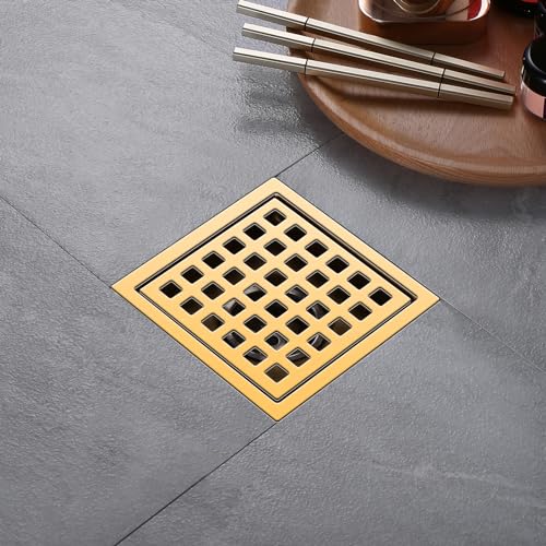 Shower Drain, Brushed Gold 4 inch Shower Floor Square Drain with Flange, Removeable Grid Panel SUS 304 Stainless Steel Square Shower Drain - color: Brushed Gold, size: 4 inch