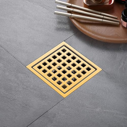Shower Drain, Brushed Gold 4 inch Shower Floor Square Drain with Flange, Removeable Grid Panel SUS 304 Stainless Steel Square Shower Drain - color: Brushed Gold, size: 4 inch