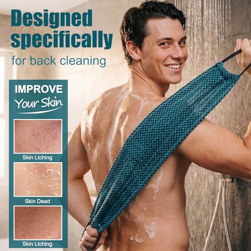 Chumia 3 Pcs Dual-Textured Exfoliating Washcloth Towel 35.4'' Body Back Scrubber with Handle Japanese Exfoliating Shower Towel Exfoliator Exfoliate Loofah Luffa Sponge for Women Men Bath, Colorful - color: Charcoal Green, Blue, Black