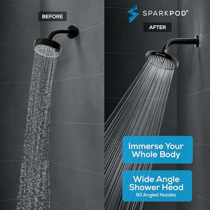 SparkPod Rain Shower Head, 6 Inch Round, Midnight Black Matte Finish | High Pressure Shower Heads, 90 Nozzles, Adjustable Showerhead, No Tools Needed, Universal Connection - color: Midnight Black Matte, style: 6 Inch Round