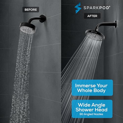 SparkPod Rain Shower Head, 6 Inch Round, Midnight Black Matte Finish | High Pressure Shower Heads, 90 Nozzles, Adjustable Showerhead, No Tools Needed, Universal Connection - color: Midnight Black Matte, style: 6 Inch Round