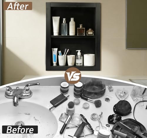 14''x18''Shower Niche, Wood Recessed Wall Niche Medicine Cabinets 2-Tier | Bathroom Niche Wooden Shower Niche Black Niche Cabinets for Living Room Bathroom Storage - size: 2-Tier