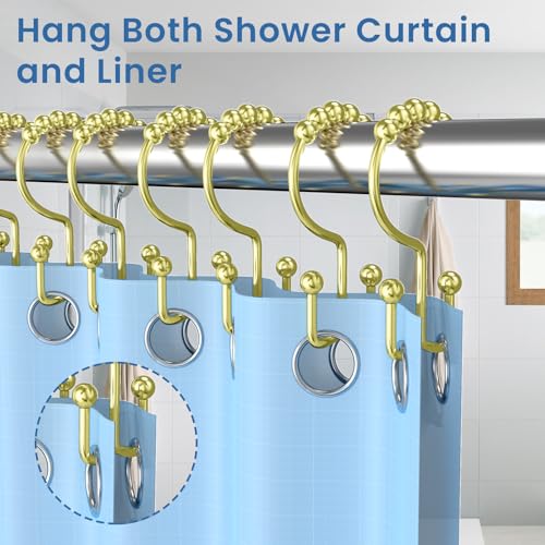 Light Gold Shower Curtain Hooks Double Sided with Roller Balls | for Bathroom Rods, for Shower Curtain and Liner, Smooth Gliding, Rustproof Metal, Set of 12 Hooks - color: Light Gold