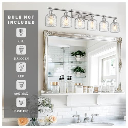 zeyu 6-Light Bathroom Wall Light Fixture, 42 Inch Modern Nickel Vanity Lighting Fixtures for Bedroom, Brushed Nickel Finish with Clear Hammered Glass, ZJF63B-6W BN - color: Brushed Nickel|Hammered Glass, size: 6-Light