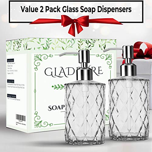 Soap Dispenser, 2 Pack, 12 Oz, Clear Diamond Design Glass | Refillable Hand Soap Dispensers, 304 Rust Proof Stainless Steel Pump, For Kitchen, For Bathroom, Lotion Dispensers