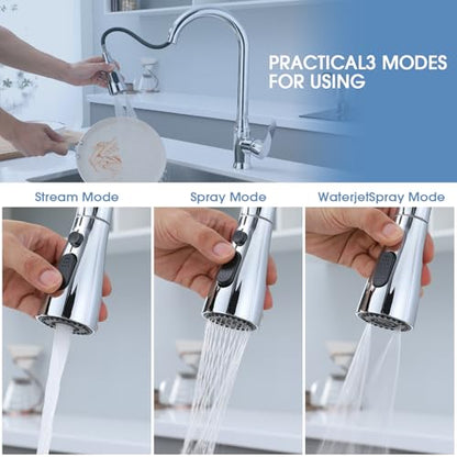 Kitchen Faucet Sprayer Head Replacement, 3 Function Pull Down Sink Faucet Spray Head with Detachable Aerator, Universal Fit, Chrome/Brushed Nickel Finish, Leak-Proof Nozzle for Kitchen Sink