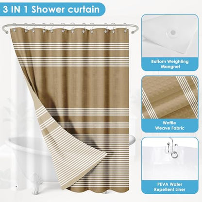 3 in 1 Shower Curtain and Liner,72 x 72 inch, Striped Geometric | Neutral Beige Modern Double Layers Waterproof Fabric with See Through Top Window Open Grommet Bath Curtain - color: Beige Striped Geometric