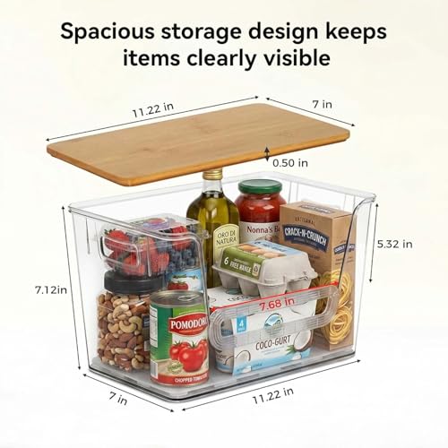 4 Pack Pantry Organizers and Storage with Bamboo Lids | Stackable Clear Plastic with Lid/Handle Trash Bag Holder for Vegetable,Fruit,Under Kitchen Sink Countertop Organizer - size: 4 Pack