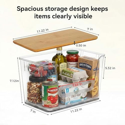 4 Pack Pantry Organizers and Storage with Bamboo Lids | Stackable Clear Plastic with Lid/Handle Trash Bag Holder for Vegetable,Fruit,Under Kitchen Sink Countertop Organizer - size: 4 Pack