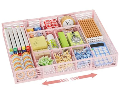 Marbrasse Expandable Desk Drawer Organizer, Mesh Tray with 10 Adjustable Compartments, Desk Organizers for Office Supplies, Makeup & Vanity (Expandable-Pink) - color: Expandable-Pink