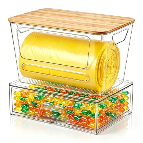 Trash Bag Dispenser Under Sink Organizer, Plastic Garbage Bag Holder with Bamboo Lid, Stackable Container for Dishwasher Pods & Laundry Pods, Kitchen Cabinet Pantry Laundry Room Organization Storage.