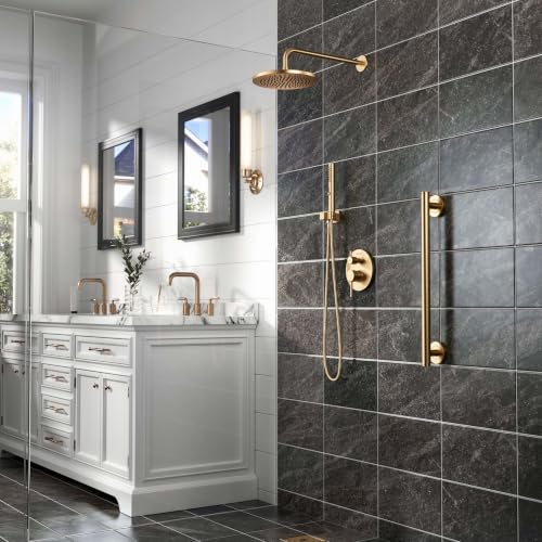 Lava Odoro Champagne Gold Rain Shower System Faucet Set, SF104-CB | 2-Setting Round Shower Valve Trim Kit, Gold Shower Head Set with Sprayer, 10 Inch, Rough-in Valve Included - color: Champagne Gold, style: Without Tub Spout