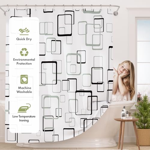 AmazerBath Shower Curtain Grey, Geometric Plaid Cloth Shower Curtain Sets with 12 Shower Curtain Hooks, Washable Fabric White Shower Curtain, Luxury Farmhouse Bathroom Shower Curtain, 72x72 Inches - color: E- Grey Checkered +12 Metal Hooks, size: 72"W x 7