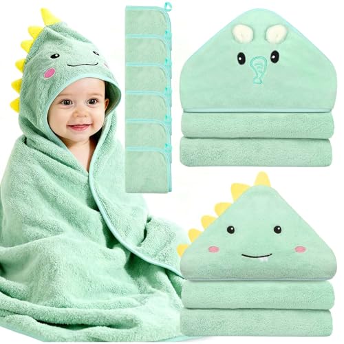 8 Pcs Baby Towel and Washcloths Set, Soft Baby Towels(Elephant & Dinosaur) | 2Pcs 32x32 in Cute Hooded Baby Towels & 6Pcs Baby Washcloths for Infant, Toddler and Kid, Baby Bath Essentials for Boy & Girl - color: Green Elephant & Dinosaur-8pcs