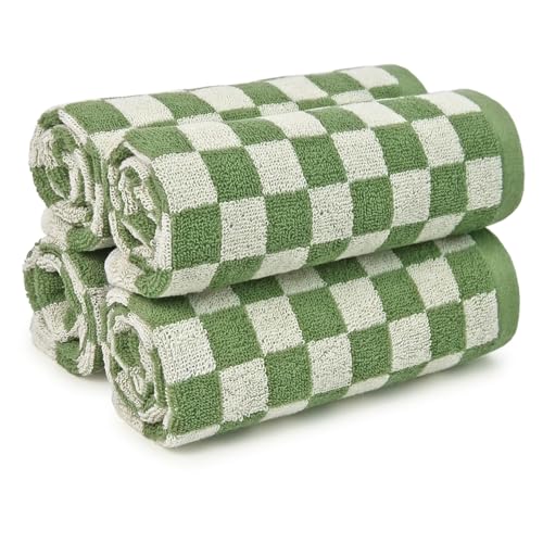 Wash Cloths Checkered 4 Pack (Green) - Cotton Washcloths for Face Body | 13 x 13 Inches Daily Cleansing Kitchen Towels - color: Green