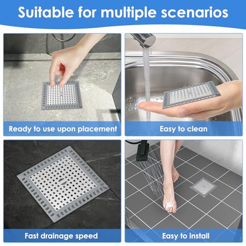 4 Pack Drain Hair Catcher, 4.8" Square Shower Drain Cover, 304 Stainless Steel Drain Strainer with Non-Slip Silicone Edge for Bathroom Floor Drain, Sink, Bathtub and Laundry