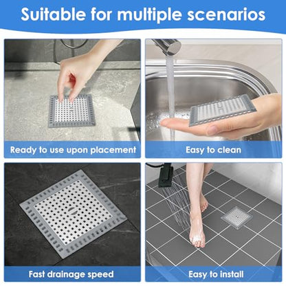 4 Pack Drain Hair Catcher, 4.8" Square Shower Drain Cover, 304 Stainless Steel Drain Strainer with Non-Slip Silicone Edge for Bathroom Floor Drain, Sink, Bathtub and Laundry