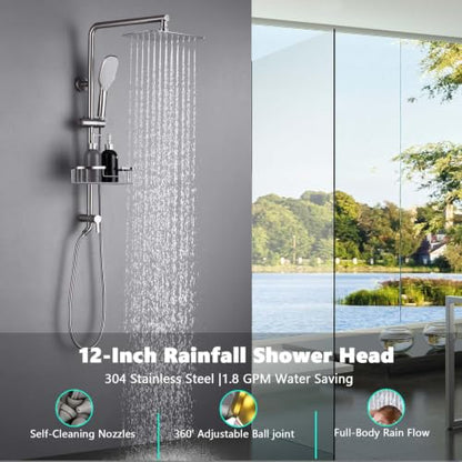 SonTiy 12-Inch Rain Shower Head with Handheld Spray and Shower Shelf, All Metal Shower System Kit with Hand Shower, Height Adjustable Holder and Brass Diverter, 1.8GPM, Brushed Nickel - color: Brushed Nickel, style: 1.8 Gallons Per Minute-Square