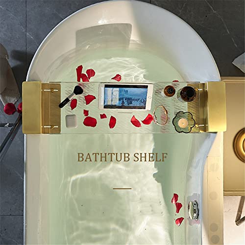 WANLIAN Acrylic Brass Bathtub Caddy Tray, Adjustable Length Bath Caddy Tray Shelf for Shower Storage Organizer - color: Clear-a