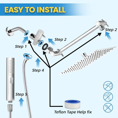 Rainfall Shower Head with Handheld Combo, Silvery, 10 Inch & 3 Spray Modes | 180° Adjustable, Extension Arm, Easy To Install - color: silvery-1
