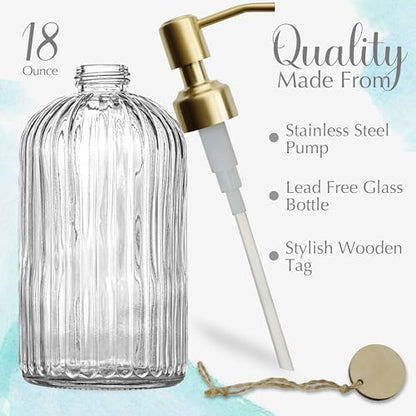 JASAI 18Oz Glass Soap Dispenser with Golden Pump for Kitchen,Refillable Liquid Hand soap Dispenser with Vertical Stripe, Clear Soap Dispenser Bathroom for Hand soap, Dish Soap, Lotion | Refillable Hand Soap Dispenser with Vertical Stripe, Gold Soap Dispen