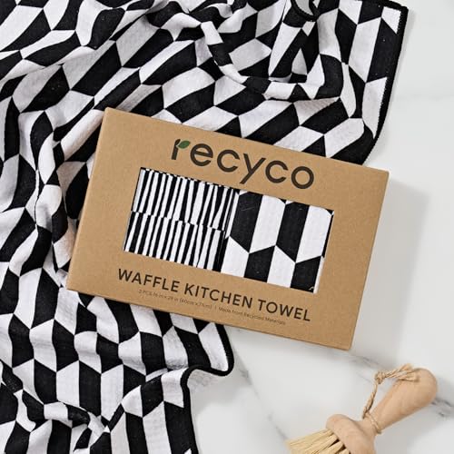 RECYCO Waffle Kitchen Towel Set of 2 - Quick Dry Microfiber Sustainable Dish Towels - Ultra Absorbent Reusable Cleaning Tea Towels - Lightweight Hand Towels,16”x 28”, Black & White Mirage - color: Black & White Mirage