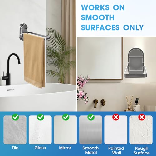 Foldable Suction Towel Bar, No Drill Stainless Steel | Heavy-duty bathroom towel holder for towels and robes. Fits tile, glass, mirrors & RV. Reusable, rustproof and residue-free - color: Silver Black