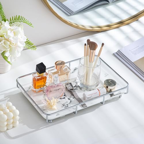 Dobbyby Vanity Tray Makeup Organizer Cosmetics Storage Bathroom Skincare Organizer Countertop Display Rack in Dresser Stainless Steel Shelf Marble Print Ceramic Trays - color: 1 Tier-sliver