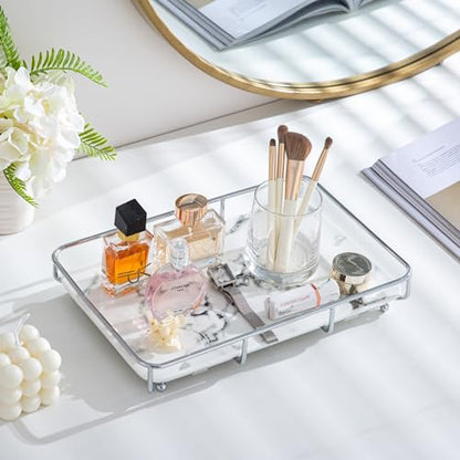 Dobbyby Vanity Tray Makeup Organizer Cosmetics Storage Bathroom Skincare Organizer Countertop Display Rack in Dresser Stainless Steel Shelf Marble Print Ceramic Trays - color: 1 Tier-sliver