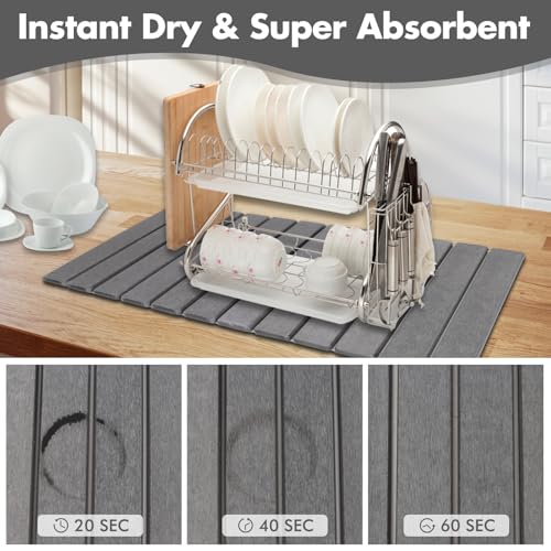 Extra Large Stone Dish Drying Mat for Kitchen Counter, 28"×16" Eco-friendly,Instant Drying Pad,Diatomaceous Earth Water Absorbing Mat, Foldable and Super Absorbent Dish Drying Stone Mat, Dark Gray - color: Dark Gray