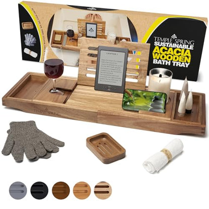 Acacia Wood Bathtub Tray Caddy for Tub — Expandable Bath Tray with Solid Book Stand Wine Holder and Non-Slip Pads — Includes Soap Dish and Spa Accessories — Luxury Hardwood Bath Gift Set - color: Acacia Wood