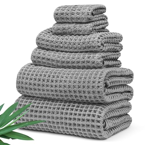 Alusa Home Ultra Soft Viscose from Bamboo Waffle Towels - Lightweight Bath Towel Set of 6 - Compact, Quick Dry & Lint Free (Pewter Grey) - color: Pewter