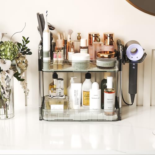 Bathroom Counter Organizer, 2 Tier Makeup Skincare Storage Tray with Hair Dryer Holder and Toothbrush Rack, Perfume Organizer Vanity Shelf for Countertop, Dresser (Transparency Green)