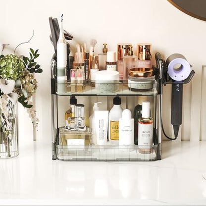 Bathroom Counter Organizer, 2 Tier Makeup Skincare Storage Tray with Hair Dryer Holder and Toothbrush Rack, Perfume Organizer Vanity Shelf for Countertop, Dresser (Transparency Green)