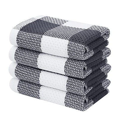 Homaxy Cotton Plaid 4 Pack Kitchen Towels, 13" x 28", White & Dark Grey | Waffle Weave, Plaid, Super Soft and Absorbent Dish Towels, Quick Drying, Multi-Purpose - color: White & Dark Grey, size: 13 x 28 - 4 Pack