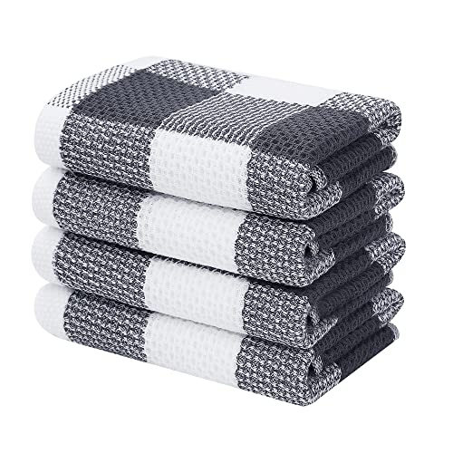 Homaxy Cotton Plaid 4 Pack Kitchen Towels, 13" x 28", White & Dark Grey | Waffle Weave, Plaid, Super Soft and Absorbent Dish Towels, Quick Drying, Multi-Purpose - color: White & Dark Grey, size: 13 x 28 - 4 Pack