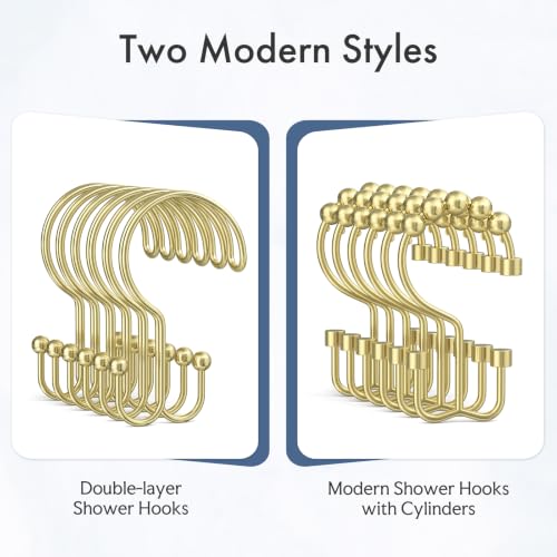 Bathway Gold Shower Curtain Hooks Ring, 12 Pcs Double Sided Shower Hooks, Rust Proof Metal Shower Hooks for Bathroom, Modern Shower Rings with Cylinders for Shower Curtain & Liners - color: Gold, style: Modern Shower Hooks with Cylinders