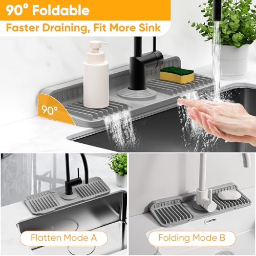 14.6 inch Faucet Mat for Kitchen Sink Splash Guard[7° Slope Fast Self-draining][Snap Lock Fit]Kitchen Sink Faucet Mat Splash Guard Kitchen Sink Area Water Splash Guard Behind Faucet Draining Mat - color: Gray, size: 14.6" x 5.5"