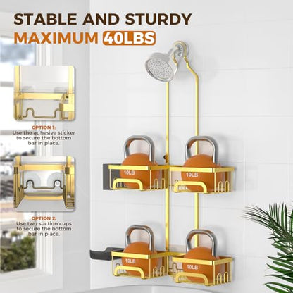 REINHARDT Split Shower Caddy Hanging for Handheld Showerheads, Gold | Adjustable Shower Organizer, Rustproof, 16 Hooks, Soap Holder, 40lbs Capacity, Anti-Slip, Tool-Free, Bathroom Accessories - color: Gold