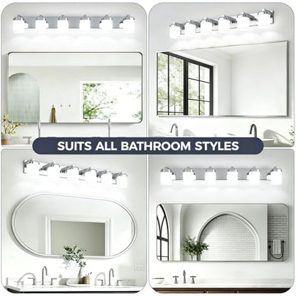 45 Inches Bathroom Vanity Light, 6-Light Chrome Bathroom Light Fixtures Over Mirror, Bathroom Light Shower Lamp with Milky White Square Glass Shade, Modern Farmhouse Lighting Fixtures - color: Chrome, size: 45 Inch : 6-lights