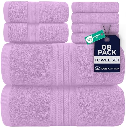 DAN RIVER 8 Piece Luxury Bath Towels for Bathroom, Towel Set, Lavendar | 2 Bath towels, 2 Hand towels, and 4 Wash Cloths, 600 GSM 100% Ring Spun Cotton, Highly Absorbent, Gym, Hotel, guest, and Spa - color: Lavender, size: Towel Set (08 PK)