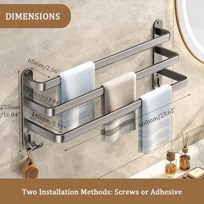 SEIDO 24 Inch 3-Tier Towel Rack for Bathroom, Heavy Duty Square Ladder Towel Bar Wall Mounted, Rustproof 304 Stainless Steel Brushed Grey Towel Holder with Hooks, Adhesive & Screw Mounting Options - color: Grey, size: 24 Inch