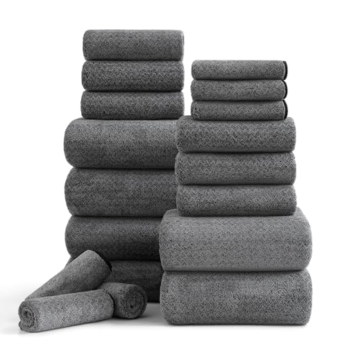 Ycosy 18 Piece Bath Towels Set,100% Microfiber Family Bathroom Towel with Hanging Loops-6 Bath Towels,6 Hand Towels,6 Washcloths,Quick Dry Highly Absorbent Shower Towel for Bathroom,Hotel,Spa-Black - color: Black, size: 18 Piece Towel Set