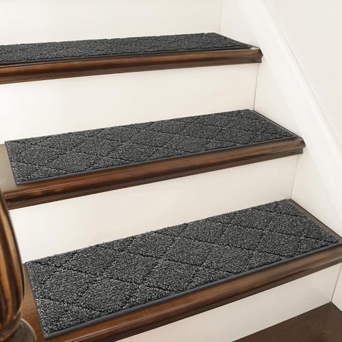 COSY HOMEER Edging Stair Treads Non-Slip Carpet Mat 28inX9in,4pc,Black | Indoor Stair Runner for Wooden Steps,Washable Adhesive Stairs Rugs for Kid,Elder,Dog,Polyester Carpet Stair Treads,TPE Back - color: Black, size: 28 X 9 Inches (4 Pieces)