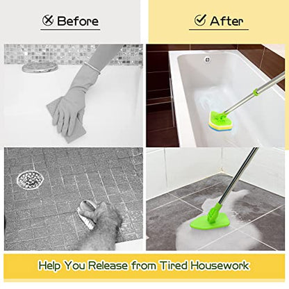 Scrub Cleaning Brush with Long Handle 2 in 1 Extendable Bathroom Floor Brushes with 2 Stiff Bristles and 4 Sponge with Long Handle Detachable Tile Lightweight Cleaner for Bathtub Shower