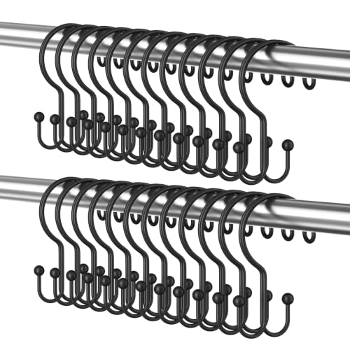 Bathway Black Shower Curtain Hooks Ring, 24 Pcs Double Sided Shower Hooks, Rust Proof Metal Shower Hooks for Bathroom, Anti-Drop Shower Rings for Shower Curtain & Liners - color: Black-24pack, style: Double-layer Shower Hooks