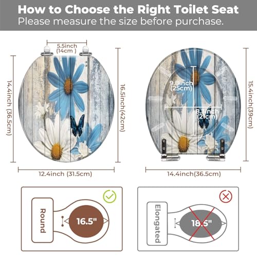Round Resin Toilet Seat, Quietly Close Quick Release Hinges Cover | Toilet Lid Cover Easy to Clean and Install, Flower Shower Daisy Wild Rustic Floral Blue Butterfly Heavy Duty Toilet Seat - color: pattern10, size: O-shape